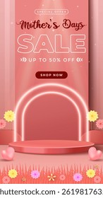 Vertical Promotional design featuring a Mothers Day sale banner highlighting discounted offers, adorned with flowers, hearts, and soft lighting accents. Showcasing sale oriented creativity.