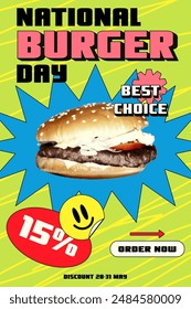 Vertical promotional flyer for National Burger Day in retro collage style. Big cheeseburger with halftone effect, special offer stickers.
