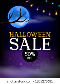 Vertical purple background with blue full moon, inscription Halloween Sale 50 percent off, tree branch, fog and garland of glowing lights. Vector illustration
