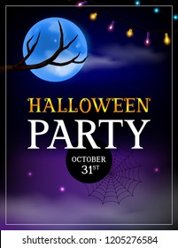 Vertical purple background with inscription Halloween party October 31st, tree branch, blue full moon, fog, and garland of glowing lights. Vector illustration.
