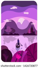 Vertical purple background with mountains, lake, boat, nature. Focused on social media. Vector illustration
