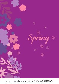 A vertical purple greeting card featuring elegant floral patterns on the left side and the word Spring written in a delicate script font at the center