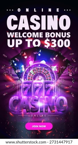 Vertical purple web banner for online casino with a neon roulette, slot machine, playing cards and poker chips