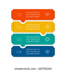 Vertical puzzle infographic diagram with four options. Isolated paper sequence banner for tutorial. EPS10 progress steps template.