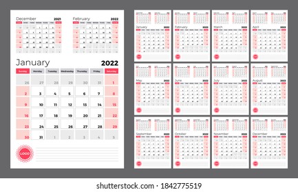 Vertical quarterly calendar for 2022. Week starts on Sunday. A set of 12 calendar pages. Vector template.