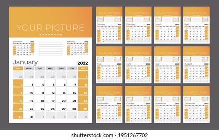 Vertical quarterly calendar for 2022. Week starts on Sunday. A set of 12 calendar pages. Vector template. 