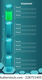 Vertical quarterly roadmap for game project on dark background. Timeline infographic template for business presentation. Vector illustration.
