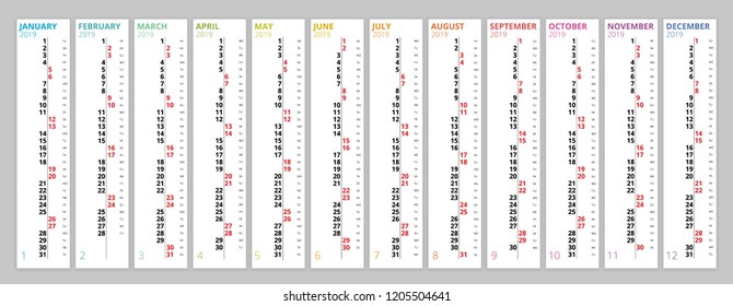 Vertical arco-íris 2019 vetor de calendário, idioma Inglês. 2019 Calendário de 12 Meses.