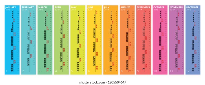 Vertical rainbow 2019 calendar vector, english language. 2019 Calendar of 12 Months.