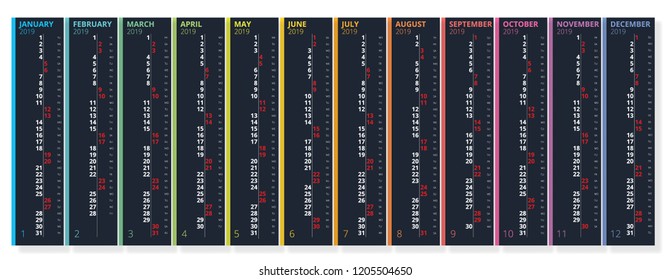 Vertical rainbow 2019 calendar vector, english language. 2019 Calendar of 12 Months.