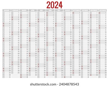Vertical rainbow 2024 calendar vector, english language. 2024 Calendar of 12 Months