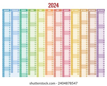 Vertical rainbow 2024 calendar vector, english language. 2024 Calendar of 12 Months