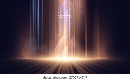 Los rayos de luz de la Vertical se elevan desde una etapa brillante con un gradiente azul-ámbar y una fina niebla. Un fondo abstracto para carteles técnicos, encabezados de interfaz, presentaciones y diseño e ilustración