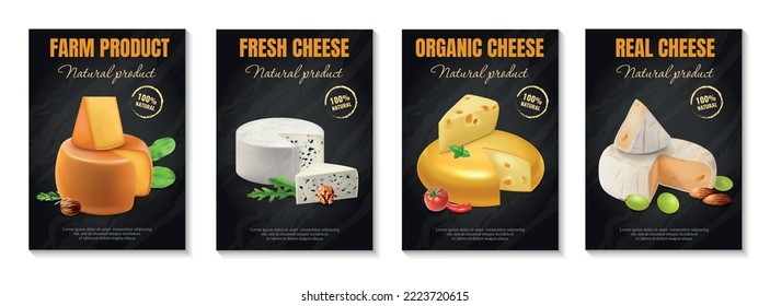 Vertical realistic cheese poster set farm product fresh organic and real cheese headlines vector illustration