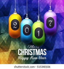 Vertical Realistic Hanging Christmas Balls, Low Poly Background. Flyer, Poster. Vector Polygonal Multicolored Postcard with 2017 Happy New Year Celebration Design, Merry Christmas Greeting Card Design