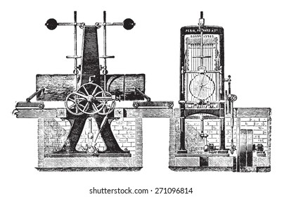 Vertical reciprocating saw blade with a several truck for logs, vintage engraved illustration. Industrial encyclopedia E.-O. Lami - 1875. 