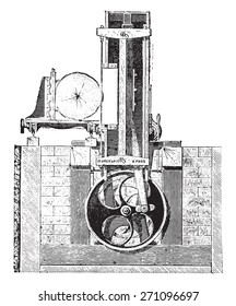 Vertical reciprocating saw blade with a single truck for logs, vintage engraved illustration. Industrial encyclopedia E.-O. Lami - 1875. 