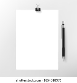 Vertical rectangle A4 paper format mock up. Sheet of paper portrait orientation 3d realistic mockup with mechanical pencil. Empty white poster template. Vector illustration.