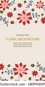 Vertical rectangle banner design with winter floral background. Can be used for greeting cards, social media posts, labels, and packages.	
