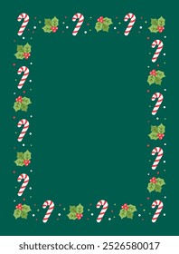 Vertical Rectangle Christmas Frame Border, Winter Holiday Graphics. Cute Mistletoe and Candy Cane pattern, card and social media post template vector illustration.