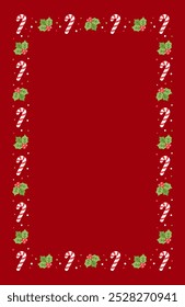 Vertical Rectangle Christmas Frame Border, Winter Holiday Graphics. Cute Mistletoe and Candy Cane pattern, card and social media post template vector illustration.