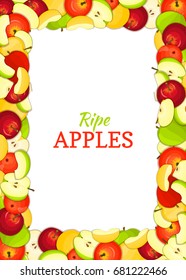 Vertical rectangle colored frame composed of delicious apples fruit. Vector card illustration. Rectangle apple frame for packaging design food, juice, jam, ice cream, smoothies, detox, cosmetics cream