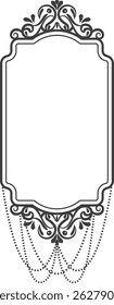 Um quadro retangular vertical possui uma ornamentação refinada e clássica.  A borda decorativa apresenta uma parte superior florescer e balançando correntes de contas abaixo. Ilustração de vetor de desenhos animados