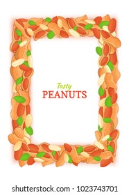 Vertical rectangle frame composed of delicious peanut. Vector card illustration. Peanuts nuts frame, walnut fruit in the shell, shelled leaves for packaging design of breakfast cosmetics detox diet