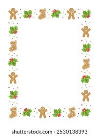 Vertical Rectangle Gingerbread Cookies Frame Border, Christmas Winter Holiday Graphics. Homemade sweets pattern, card and social media post template. Isolated vector illustration.