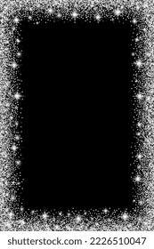 Vertical rectangle glitter silver frame with sparkles. Template for Christmas and New Year design