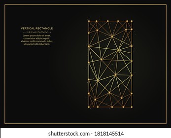 Rectángulo vertical, ilustración abstracta dorada sobre fondo oscuro. Plantilla poligonal de forma geométrica hecha de líneas y puntos.