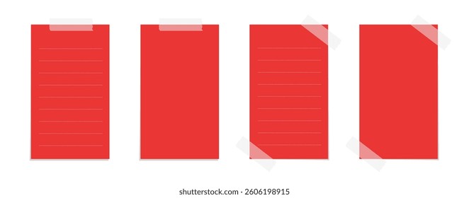 Vertical rectangle red sticky post note template. Taped office memo paper vector illustration.