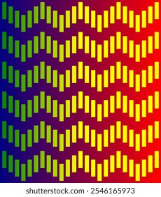 Vertical rectangle stripes. Abstract horizontal zigzag arrangement. Gradient between green and yellow. Background gradient between navy blue and red.