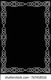 Vertical rectangular celtic frame with circles. White vector illustration on a black background.