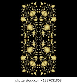 Ornamento floral vertical rectangular con viñas estilizadas o ramas de bayas. Estilo popular. Silueta dorada y brillante sobre fondo negro.