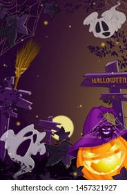 Vertical rectangular flyer postcard for Halloween. Glowing pumpkin, witch broom, funny ghosts, old wooden signposts, night sky and trees. Vector illustration.