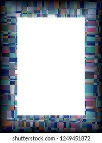 Vertical, rectangular frame with bluish colored, mosaic like segments, with a white, empty center