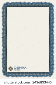 Vertical rectangular frame in denim style with fringe, topstitching, button. White textured background. Vintage style. A4 paper size.