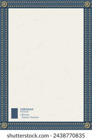Vertical rectangular frame in denim style with thick borders, topstitching, button. White textured background. Denim texture is included. Vintage style. A4 paper size.