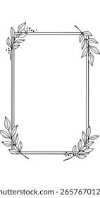 Moldura retangular vertical com uma elegante borda botânica desenhada à mão. Um simples gráfico de arte de linha para convites de casamento ou artigos de papelaria.