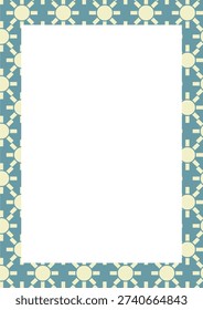 Vertical Rectangular Frame Featuring a Playful Summer Pattern Border with Yellow Sun Icons and Geometric Rays over a Teal Blue Background Surrounding a Large Blank White Central Copy Space