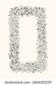 Vertical rectangular frame with lilac. Black and white drawing. Vector botanical illustration. Line art style. 