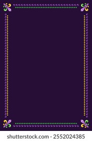 Vertical rectangular frame made with bead strings, Fleur de Lis sign in the corners. For Mardi Gras holiday decoration in vintage style. Template for menu, poster, invitation