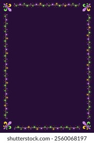 Vertical rectangular frame made with festive garland with sparkle, Fleur de Lis sign in the corners. For Mardi Gras holiday decoration in vintage style. Template for menu, poster, invitation