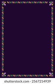 Vertical rectangular frame made with triangular pennants garlands, Fleur de Lis sign in the corners. For Mardi Gras holiday decoration in vintage style. Template for menu, poster, invitation