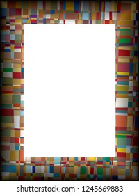 Vertical, rectangular frame with multi color mosaic like segments, with a white, empty center