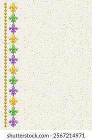 Vertical rectangular layout made with left border with Fleur de Lis sign, yellow beads. For Mardi Gras decoration in vintage style. Textured white background. Template for menu, poster, invitation