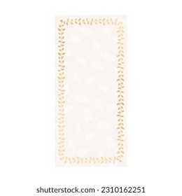 Vertical rectangular print template invitation card for celebration with frame from climbing plant. Beige and gold shades. Wedding frame with leaves. Gradient vector