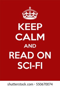 Vertical rectangular red-white motivation read sci-fibook poster based in vintage retro style Keep clam