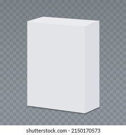 Vertical rectangular white box. Vector 3d realistic Mockup. Closed paper packaging isolated on transparent background. Blank template. Ready for your design. EPS10.